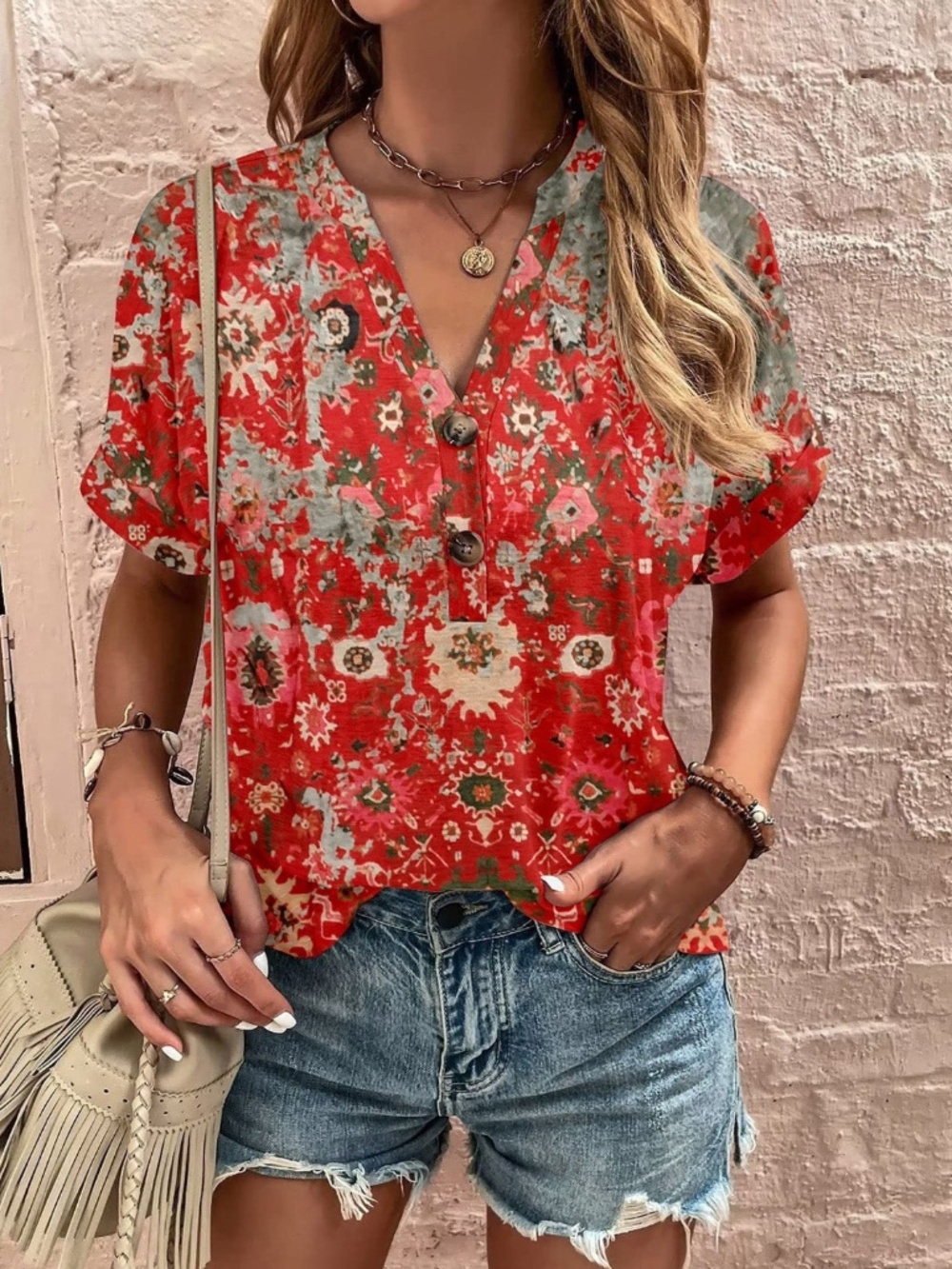 Full Size Printed Notched Short Sleeve Blouse | NWT | Under $50